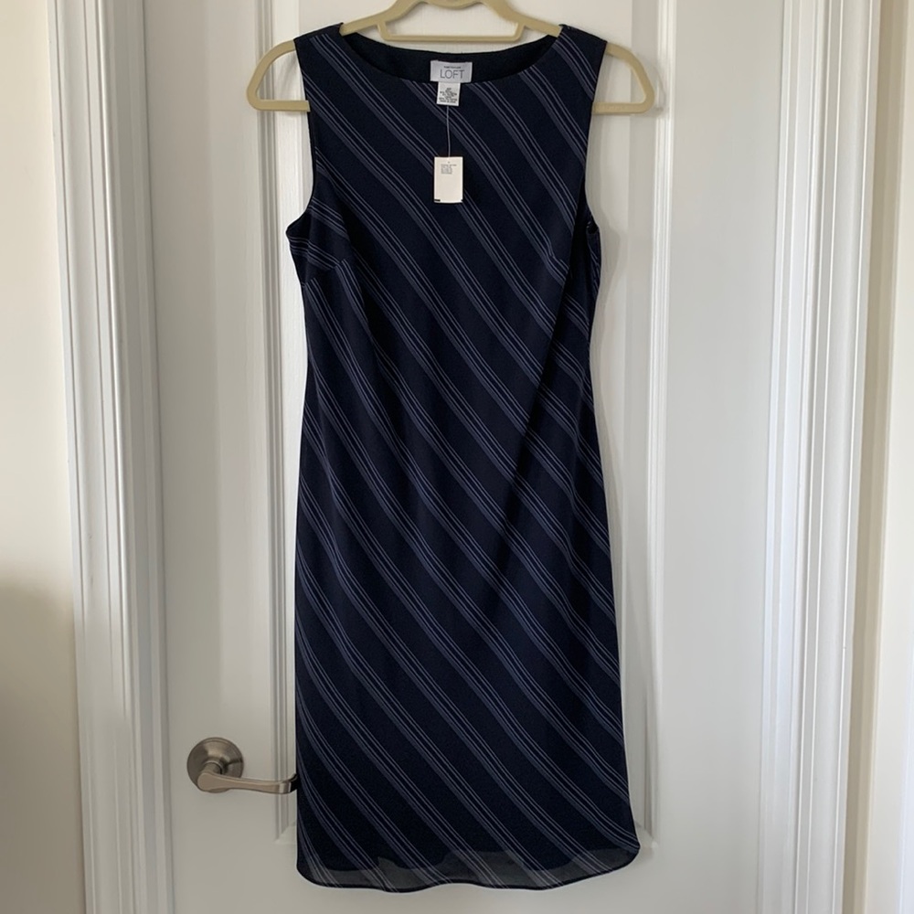 NWT LOFT Blue/Black Diagonal Stripes Print Sleeveless Dress Size 4P